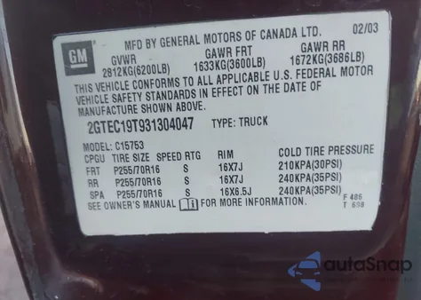 2003 GMC Sierra 1500 Sle z USA, uszkodzony, nr VIN 2GTEC19T931304047